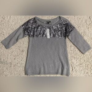 APT 9 gray sleet ballet yoke 3/4 sleeve sequin sweater knit top small s 4 Nwt